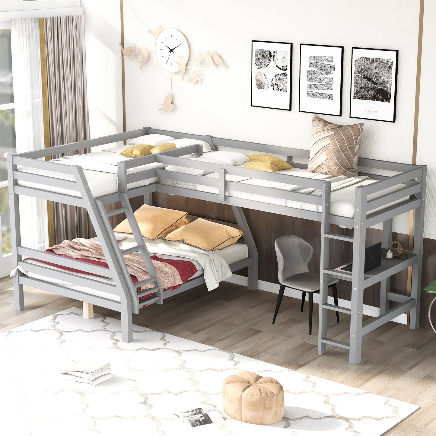 L-Shaped Twin over Full Bunk Bed and Twin Size Loft Bed with Built-in Desk,Gray