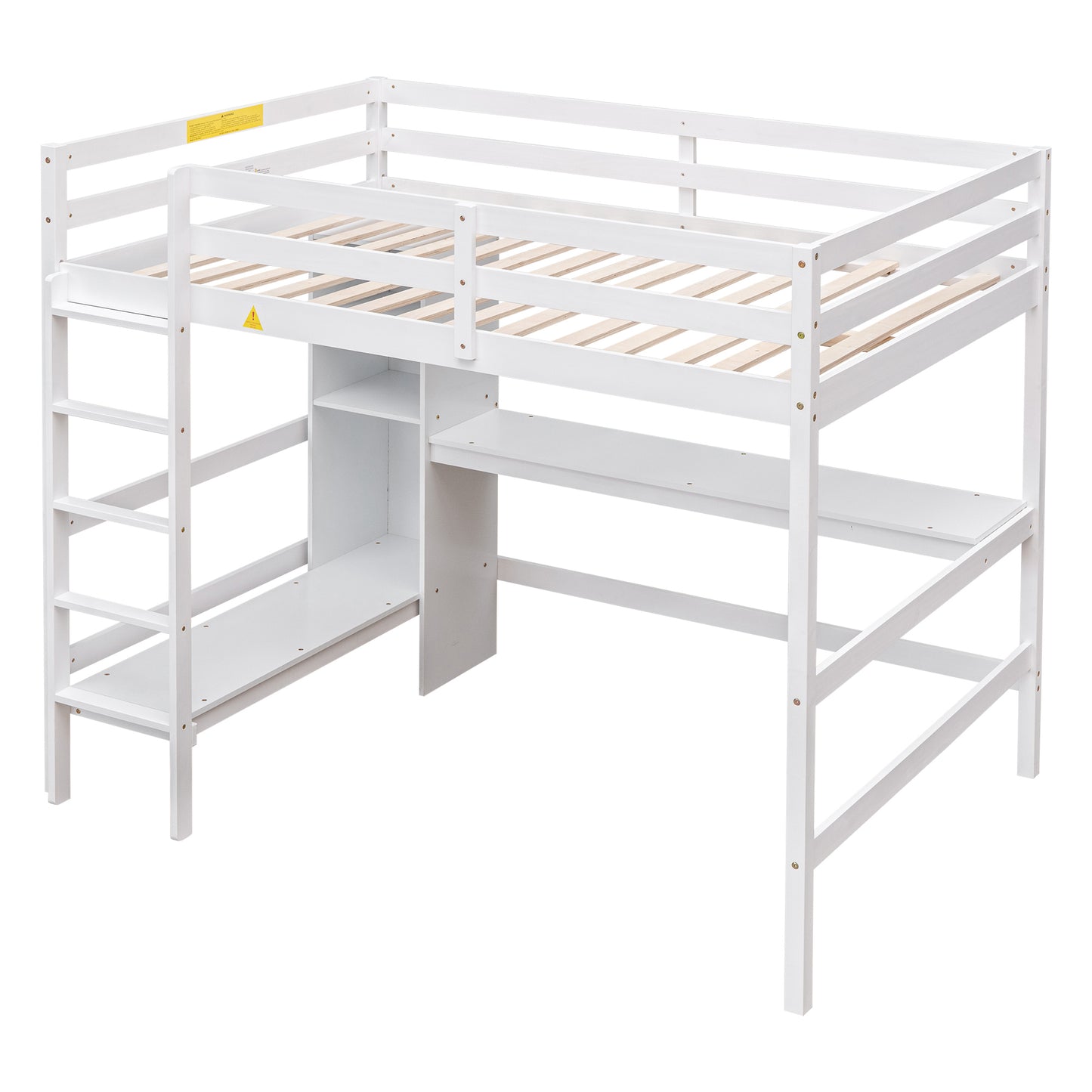 Full Size Loft Bed with Multifunction Shelves and Under-bed Desk, White