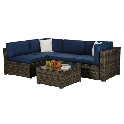 Outdoor Garden Patio Furniture 5-Piece Dark Gray PE Rattan Wicker Sectional Navy Cushioned Sofa Sets with 2 Begie Pillows