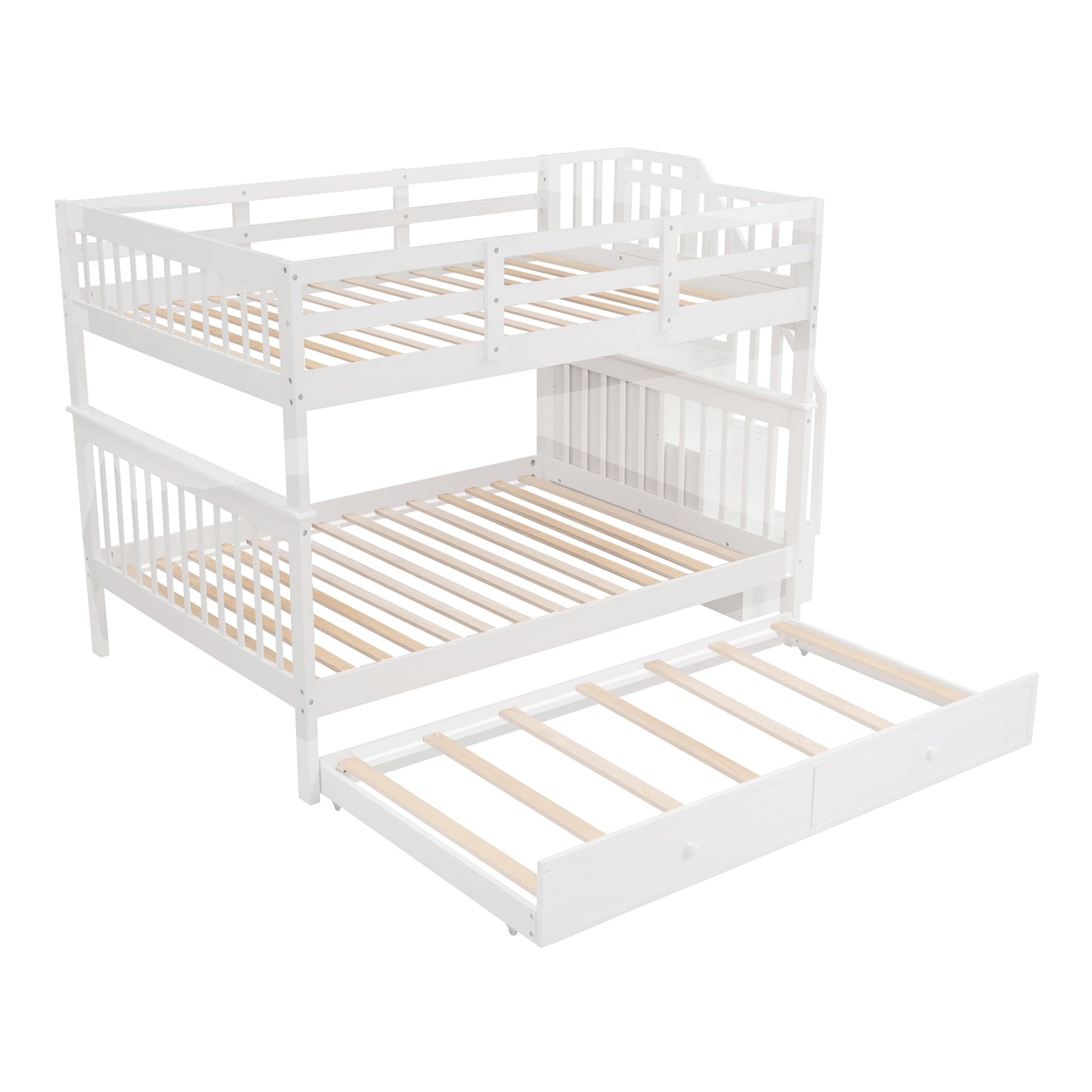 Stairway Full-Over-Full Bunk Bed with Twin size Trundle, Storage and Guard Rail for Bedroom, Dorm - White(OLD SKU :LP001210AAK)