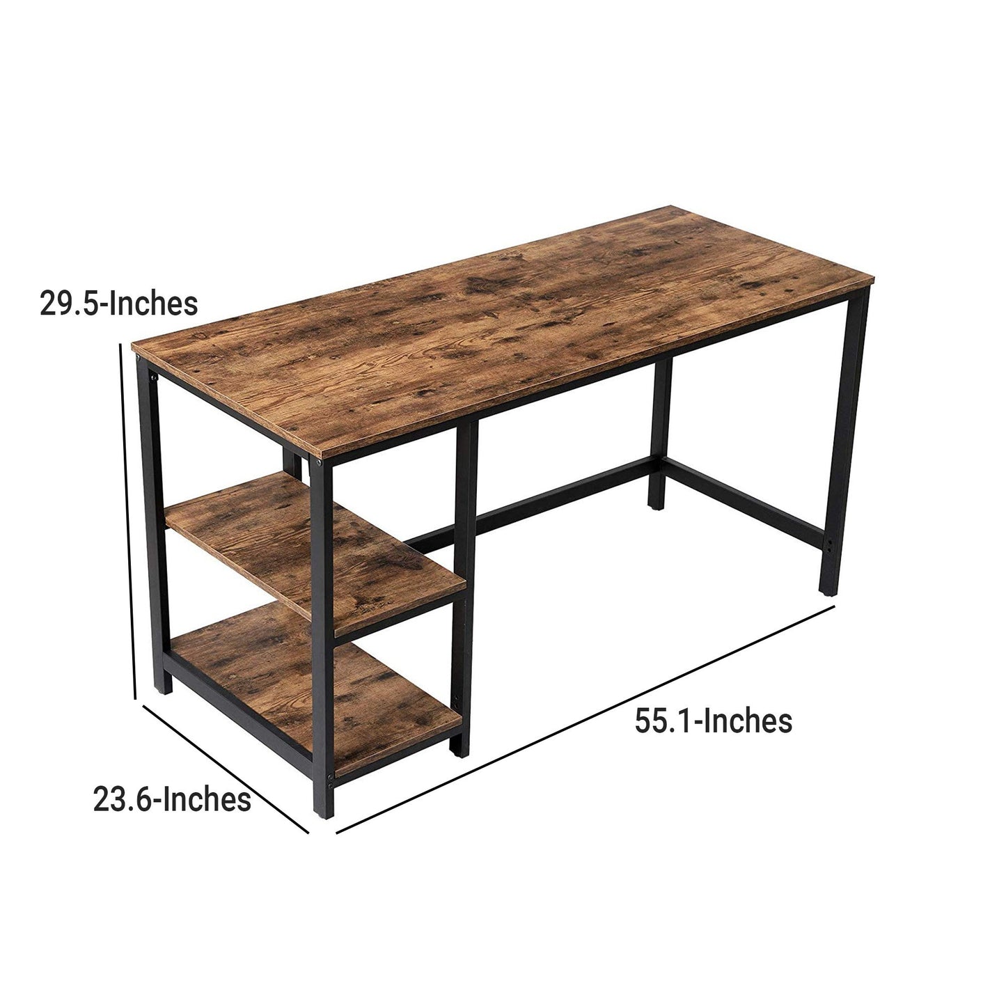 Industrial 55 Inch Wood and Metal Desk with 2 Shelves, Black and Brown