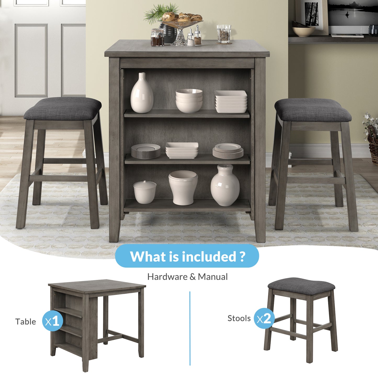 TOPMAX 3 Piece Dining Table with Padded Stools, Table Set with Storage Shelf,Dark Gray