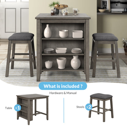 TOPMAX 3 Piece Dining Table with Padded Stools, Table Set with Storage Shelf,Dark Gray