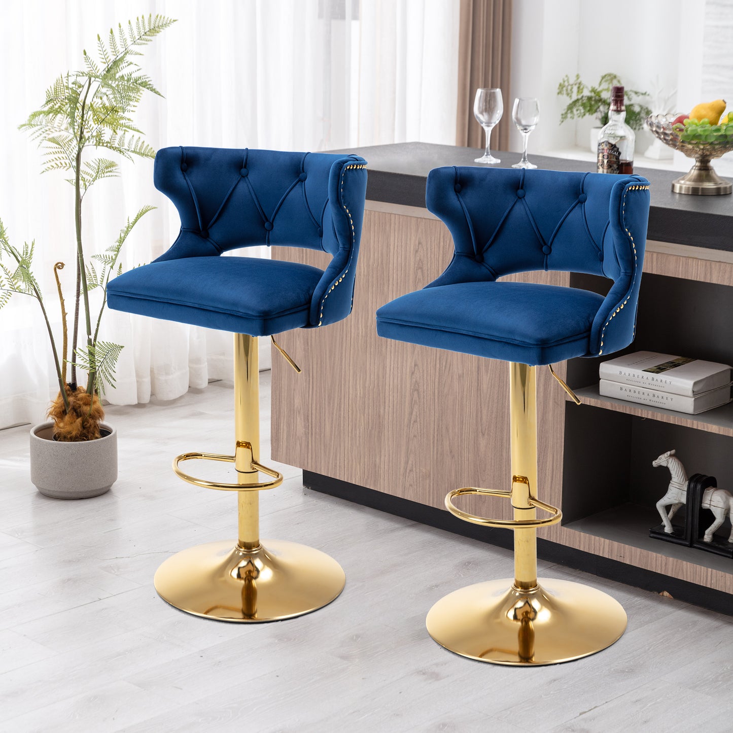 Bar Stools With Back and Footrest Counter Height Dining Chairs-Velvet Blue-2PCS/SET