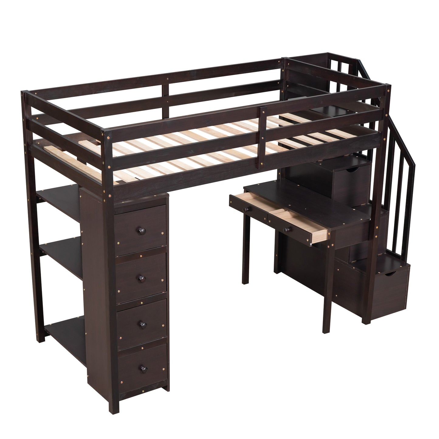 Twin size Loft Bed with Storage Drawers ,Desk and Stairs, Wooden Loft Bed with Shelves - Espresso