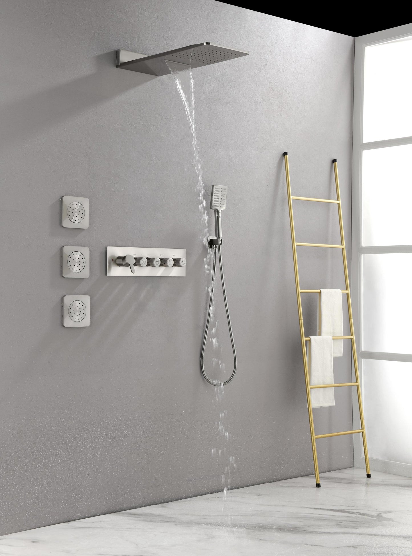 Wall Mounted Waterfall Rain Shower System With 3 Body Sprays & Handheld Shower