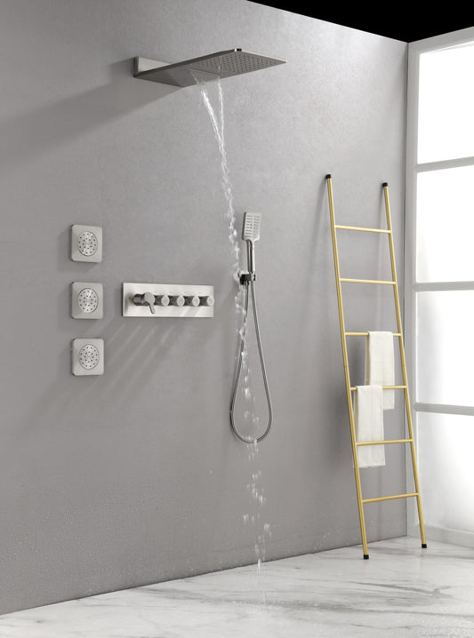 Wall Mounted Waterfall Rain Shower System With 3 Body Sprays & Handheld Shower