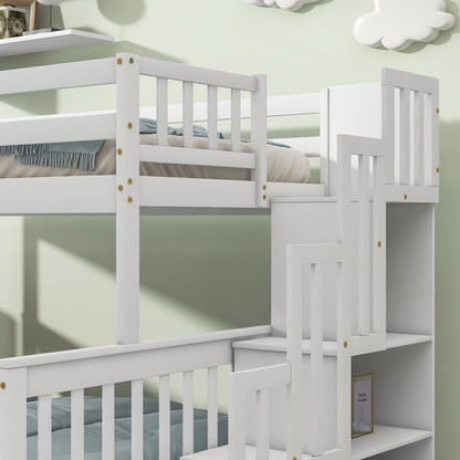 Twin Over Full Bunk Bed with 2 Drawers and Staircases, Convertible into 2 Beds, the Bunk Bed with Staircase and Safety Rails for Kids, Teens, Adults, White