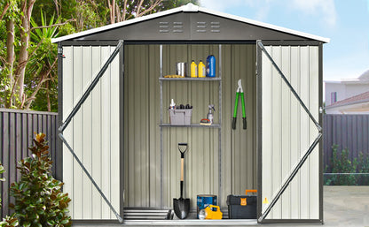 TOPMAX Patio 8ft x6ft Bike Shed Garden Shed, Metal Storage Shed with Adjustable Shelf and Lockable Doors, Tool Cabinet with Vents and Foundation Frame for Backyard, Lawn, Garden, Gray