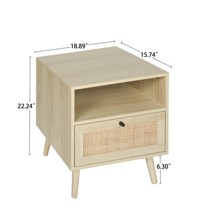 Rattan Nightstand, Wooden Bedside Table End Table for Living Room and Bedroom