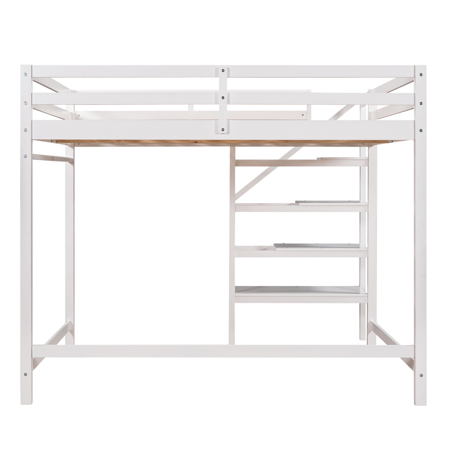 Full Size Loft Bed with Built-in Storage Staircase and Hanger for Clothes,White