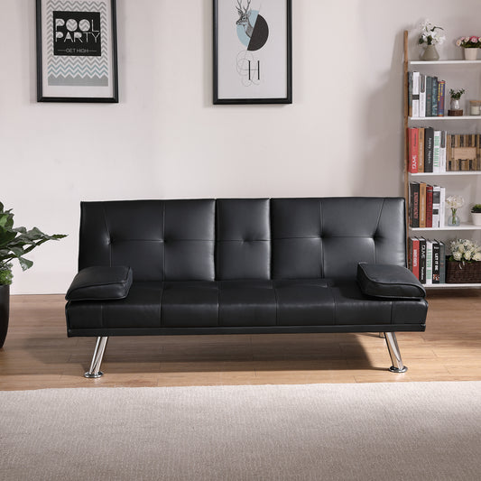 Black Leather Multifunctional Double Folding Sofa Bed for Office with Coffee Table