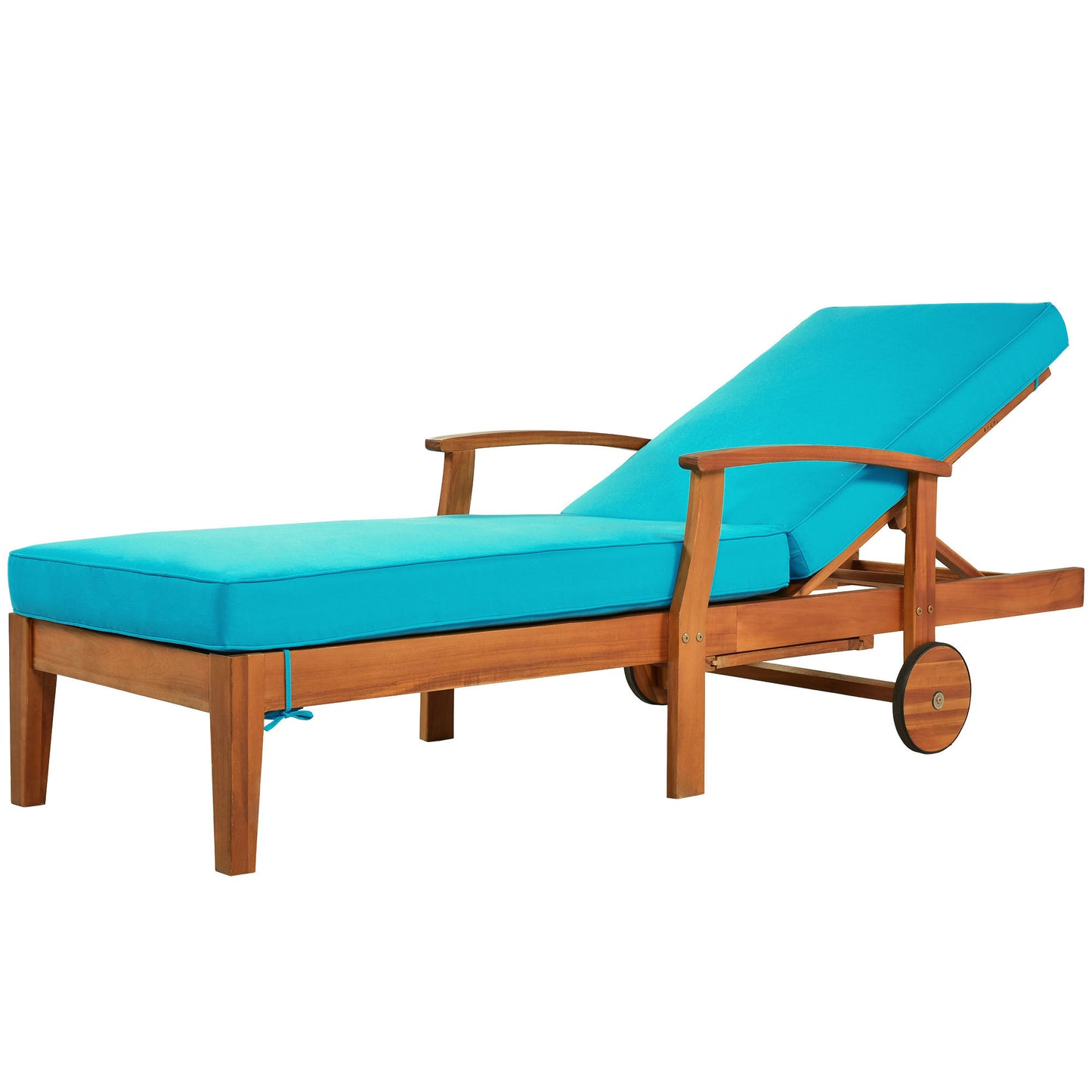 TOPMAX Outdoor Solid Wood 78.8" Chaise Lounge Patio Reclining Daybed with Cushion, Wheels and Sliding Cup Table for Backyard, Garden, Poolside,Brown Wood Finish+Blue Cushion