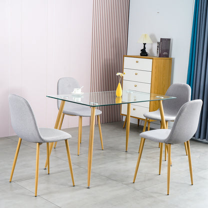 Dining Table Set Modern 5 Pieces Dining Room Set Mid Century Tempered Glass Kitchen Table and 4 Deep Grey Modern Fabric Chairs with wood-transfer Metal Legs