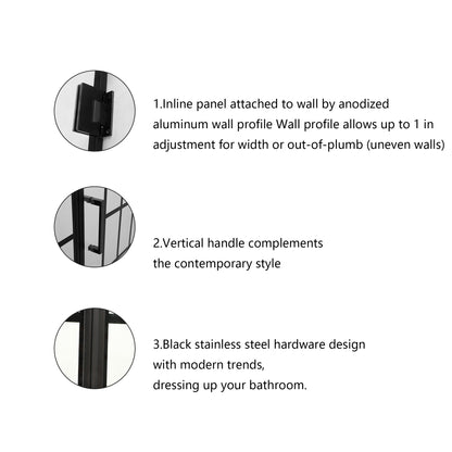 Shower Door 34" W x 72" H Single Panel Frameless Fixed Shower Door, Open Entry Design in Matte Black