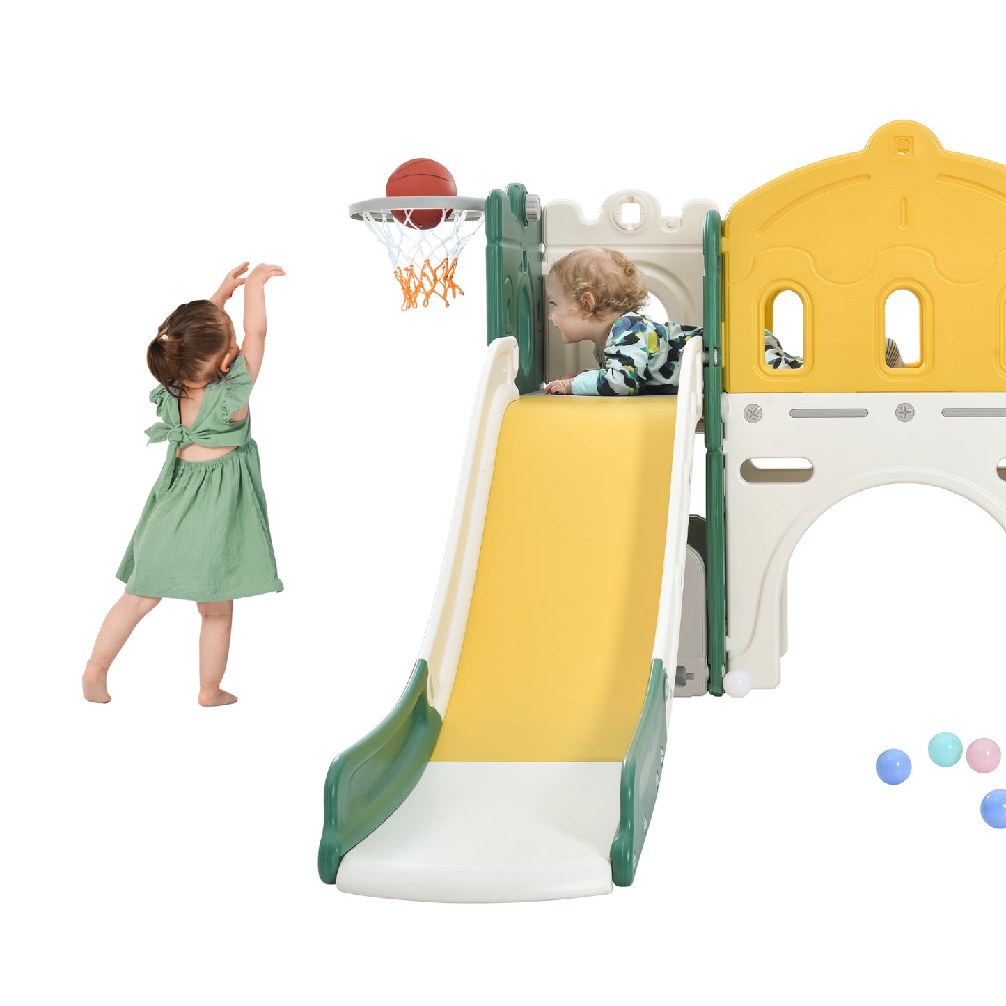 Kids Slide Playset Structure, Freestanding Castle Climber with Slide and Basketball Hoop, Toy Storage Organizer for Toddlers, Kids Climbers Playhouse for Indoor Outdoor Playground Activity