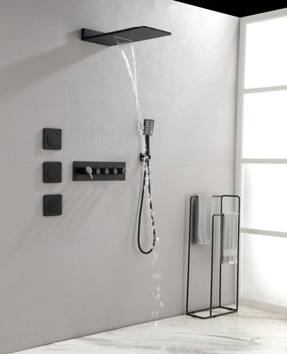 Wall Mounted Waterfall Rain Shower System With 3 Body Sprays & Handheld Shower