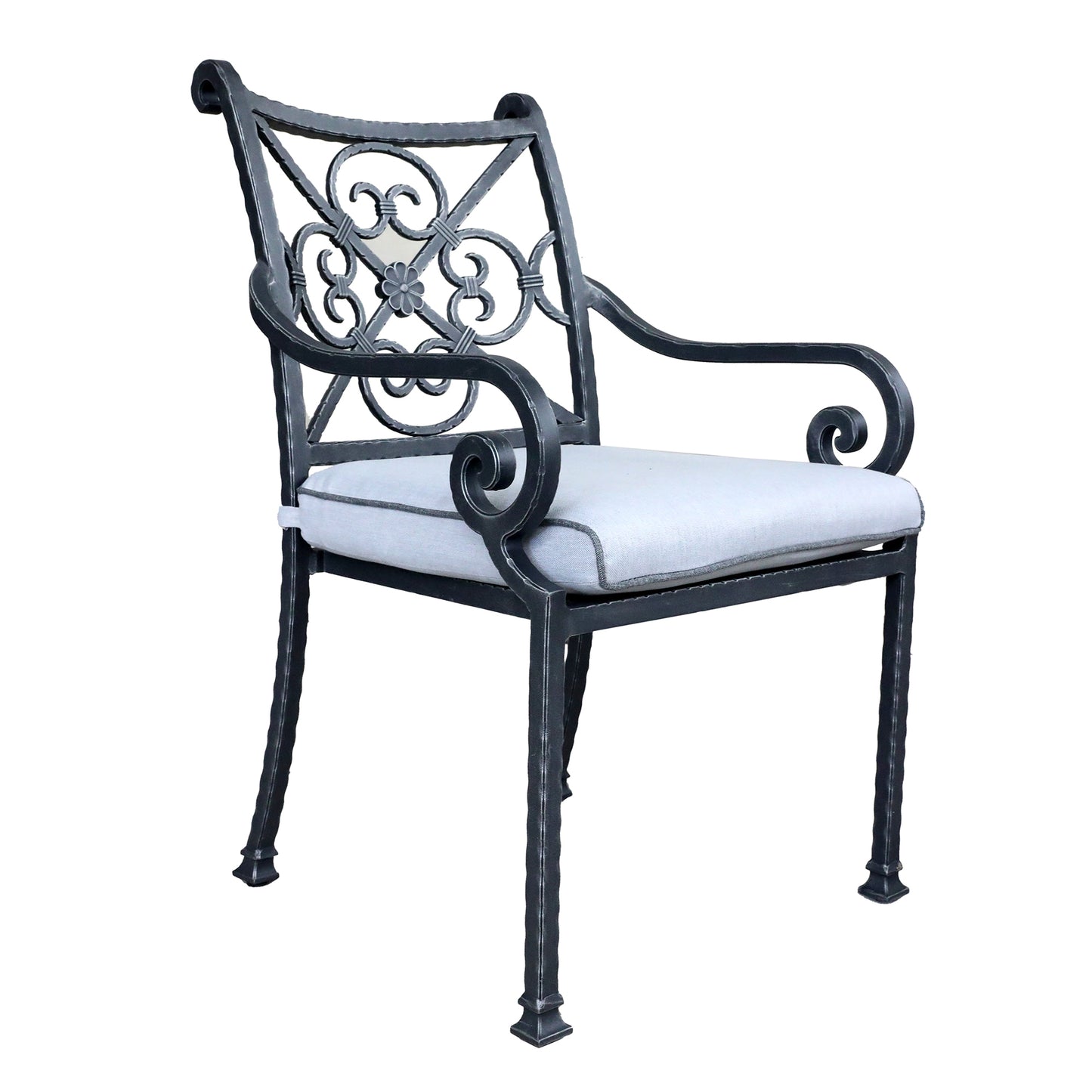 Outdoor Patio Cast Burnished pewter Aluminum Stacking Arm Chair With Cushion, Set of 2, Blue