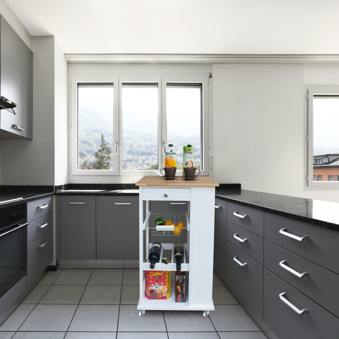 Kitchen Island & Kitchen Cart, Mobile Kitchen Island with Two Lockable Wheels, Rubber Wood Top, Black Color Design Makes It Perspective Impact During Party.