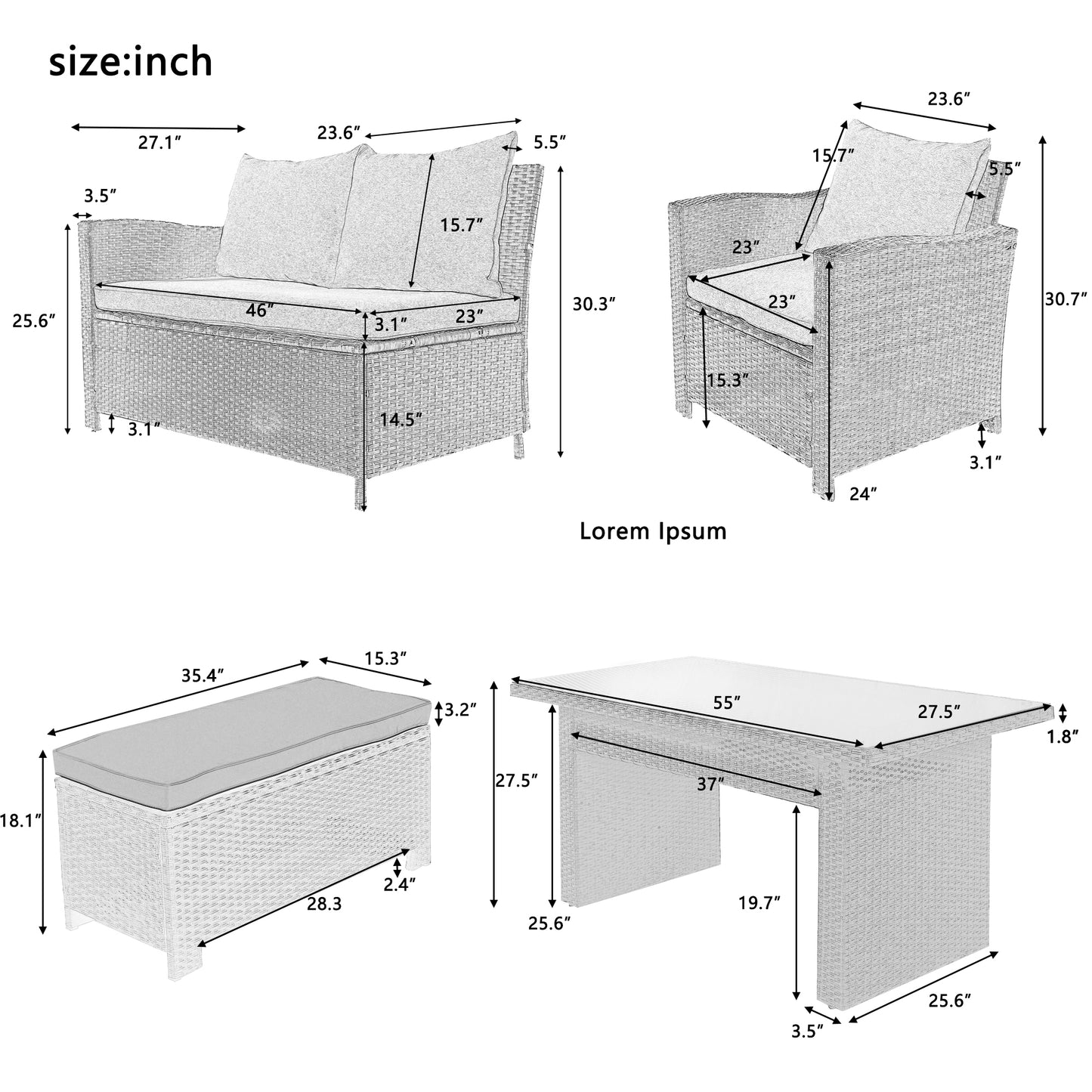 U_STYLE Patio Furniture Set, 6 Piece Outdoor Conversation Set, Dining Table Chair with Bench and Cushions(As same as WY000262AAE)