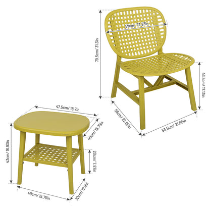 3 Pieces Hollow Design Patio Table Chair Set All Weather Conversation Bistro Set Outdoor Coffee Table with Open Shelf and Lounge Chairs with Widened Seat for Balcony Garden Yard Yellow