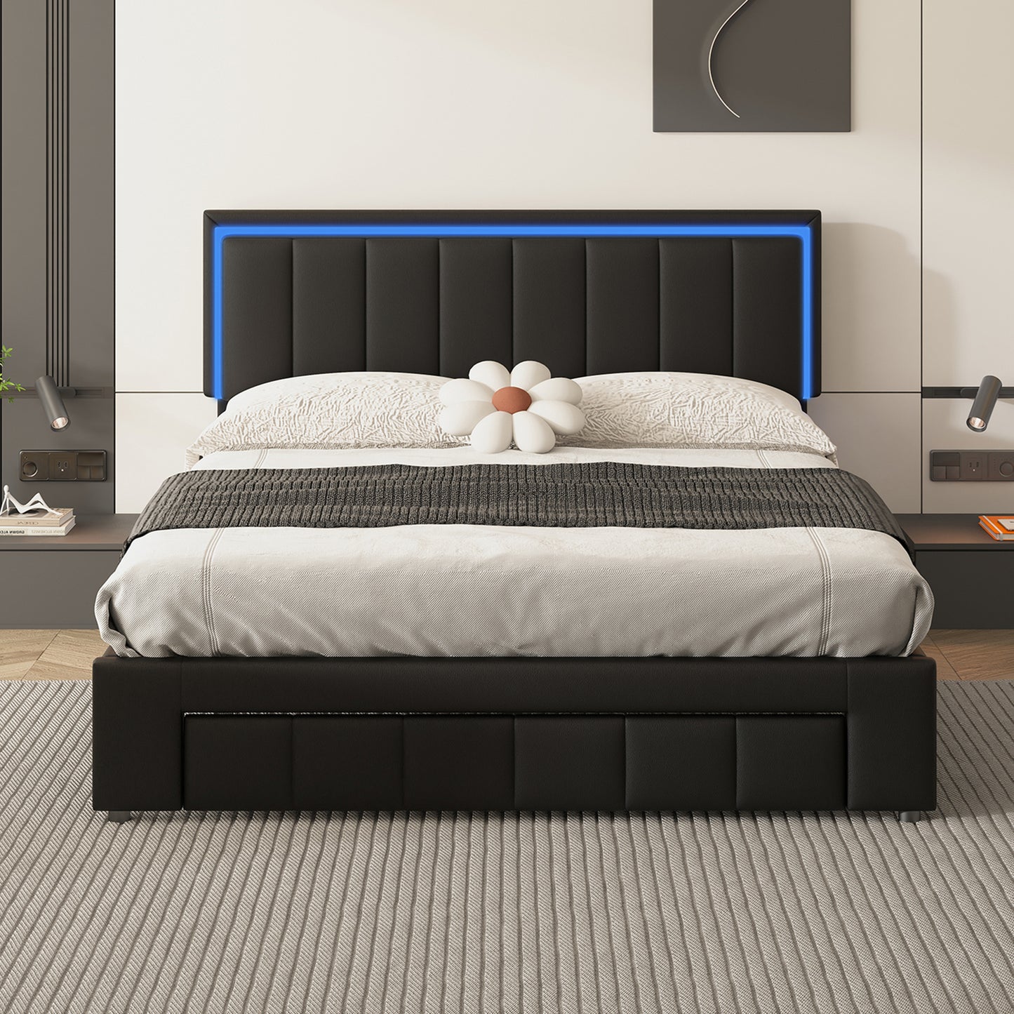 Upholstered Platform Bed with LED Lights and Two Motion Activated Night Lights,Queen Size Storage Bed with Drawer, Black