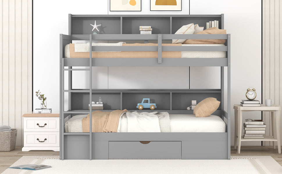 Twin Size Bunk Bed with Built-in Shelves Beside both Upper and Down Bed and Storage Drawer,Gray