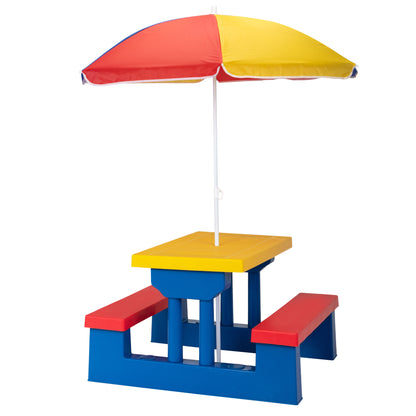 Kids Picnic Table with Removable Umbrella, Indoors and Outdoors Table and Bench Set for Toddlers, Garden Backyard, Red Yellow and Blue