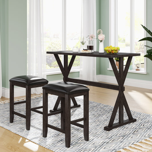 TOPMAX 3-Piece Counter Height Wood Kitchen Dining Table Set with 2 Stools for Small Places, Brown Finish+Black Cushion