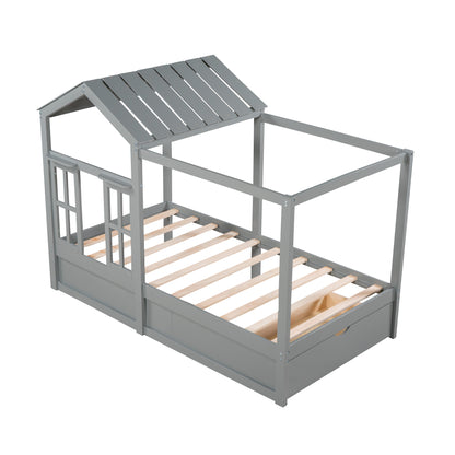 Twin Size House Bed with Roof, Window and Drawer - Gray