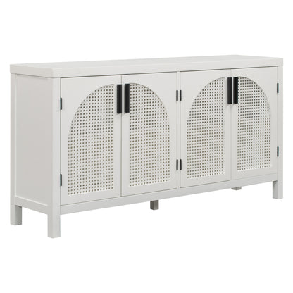 TREXM Large Storage Space Sideboard with Artificial Rattan Door and metal handles for Living Room and Entryway (White)