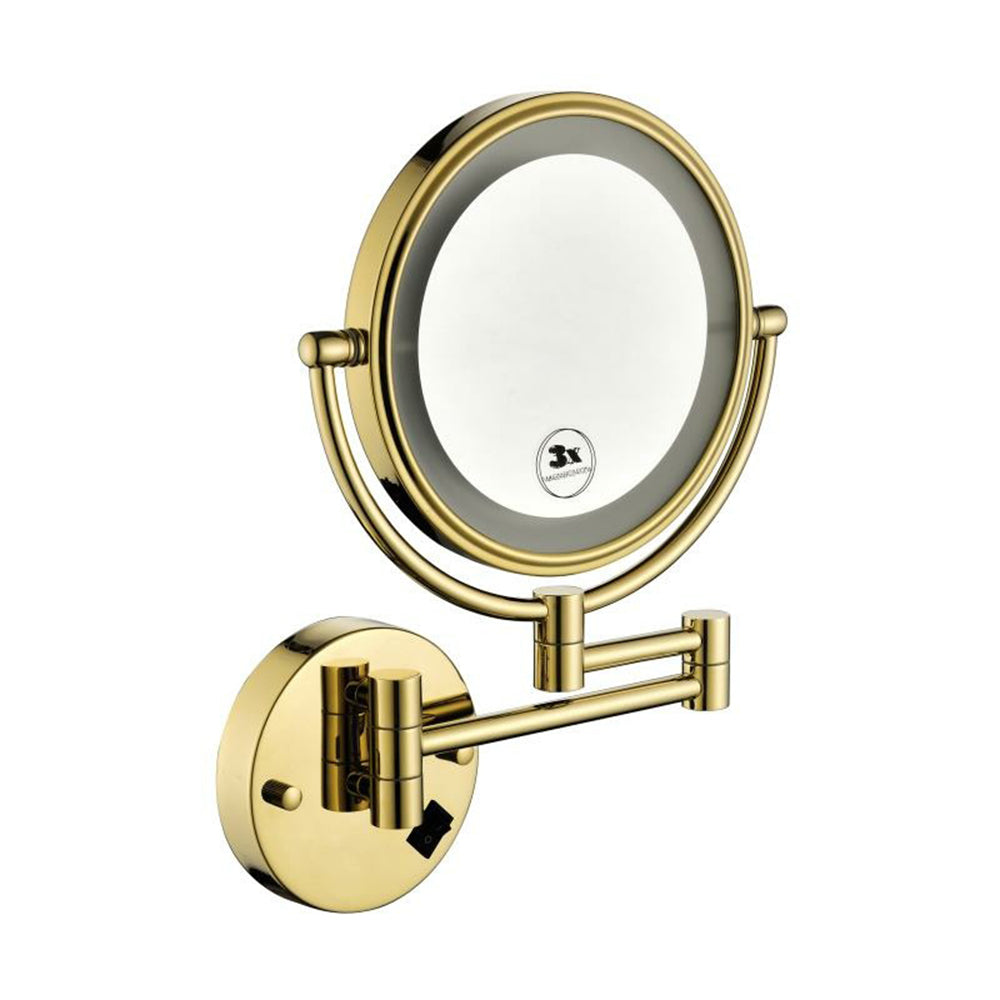 8 Inch LED Wall Mount Two-Sided Magnifying Makeup Vanity Mirror 12 Inch Extension Gold Finish 1X/3X Magnification Plug 360 Degree Rotation Waterproof Button Shaving Mirror