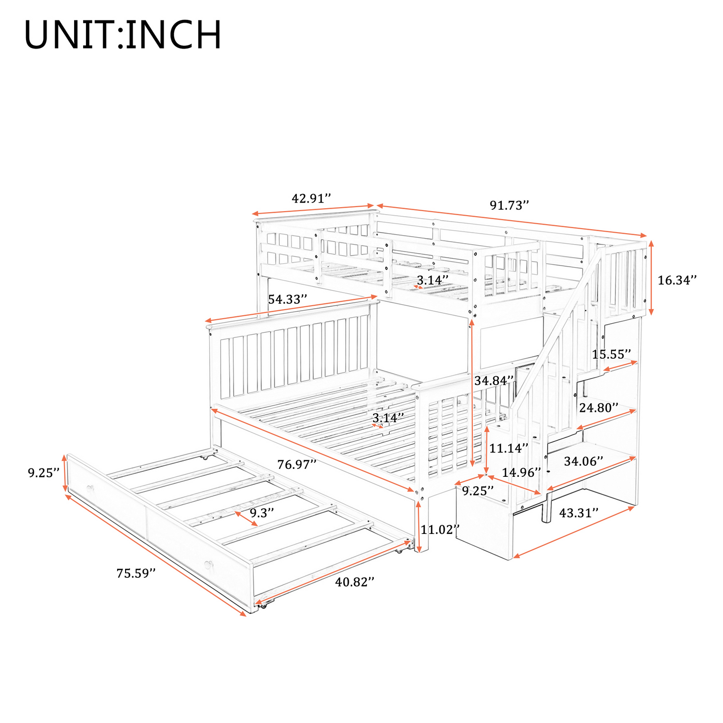 Stairway Twin-Over-Full Bunk Bed with Twin size Trundle, Storage and Guard Rail for Bedroom, Dorm, for  Adults, Espresso (OLD SKU :LP000119AAP)