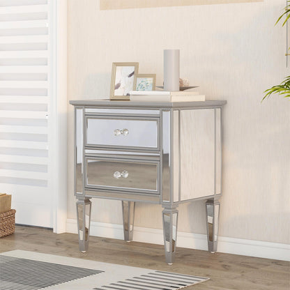 Elegant Mirrored Nightstand with 2 Drawers, Modern Silver Finished End Table Side Table for Living Room Bedroom