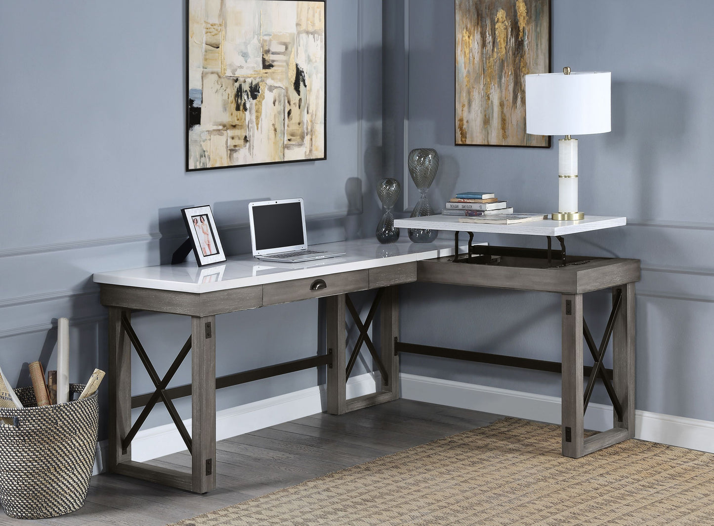 ACME Talmar Writing Desk w/Lift Top in Marble Top & Weathered Gray Finish OF00056