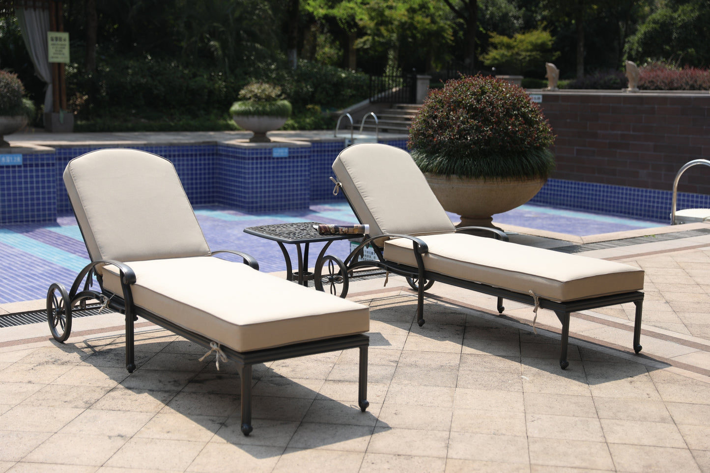 87" Long Reclining Chaise Lounge Set with Sunbrella Cushion and Table