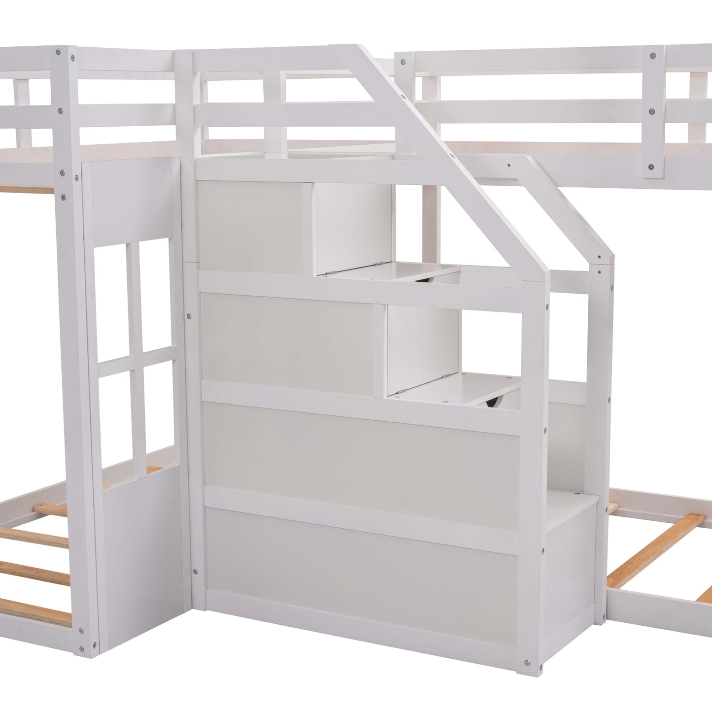 Twin over Twin L-Shaped Bunk Bed with Built-in Middle Staircase,White