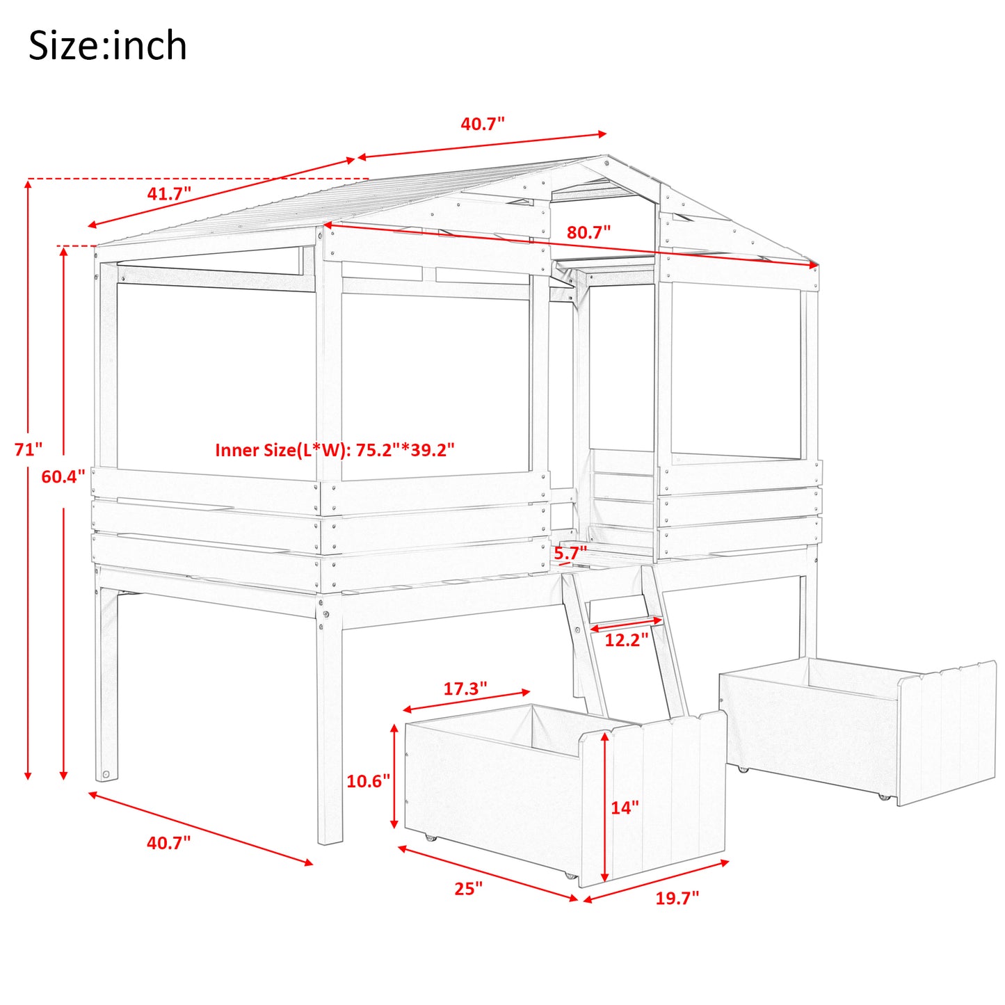 Twin Size Low Loft Wood House Bed with Two Drawers, Walnut