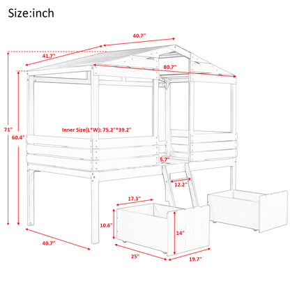 Twin Size Low Loft Wood House Bed with Two Drawers, Walnut