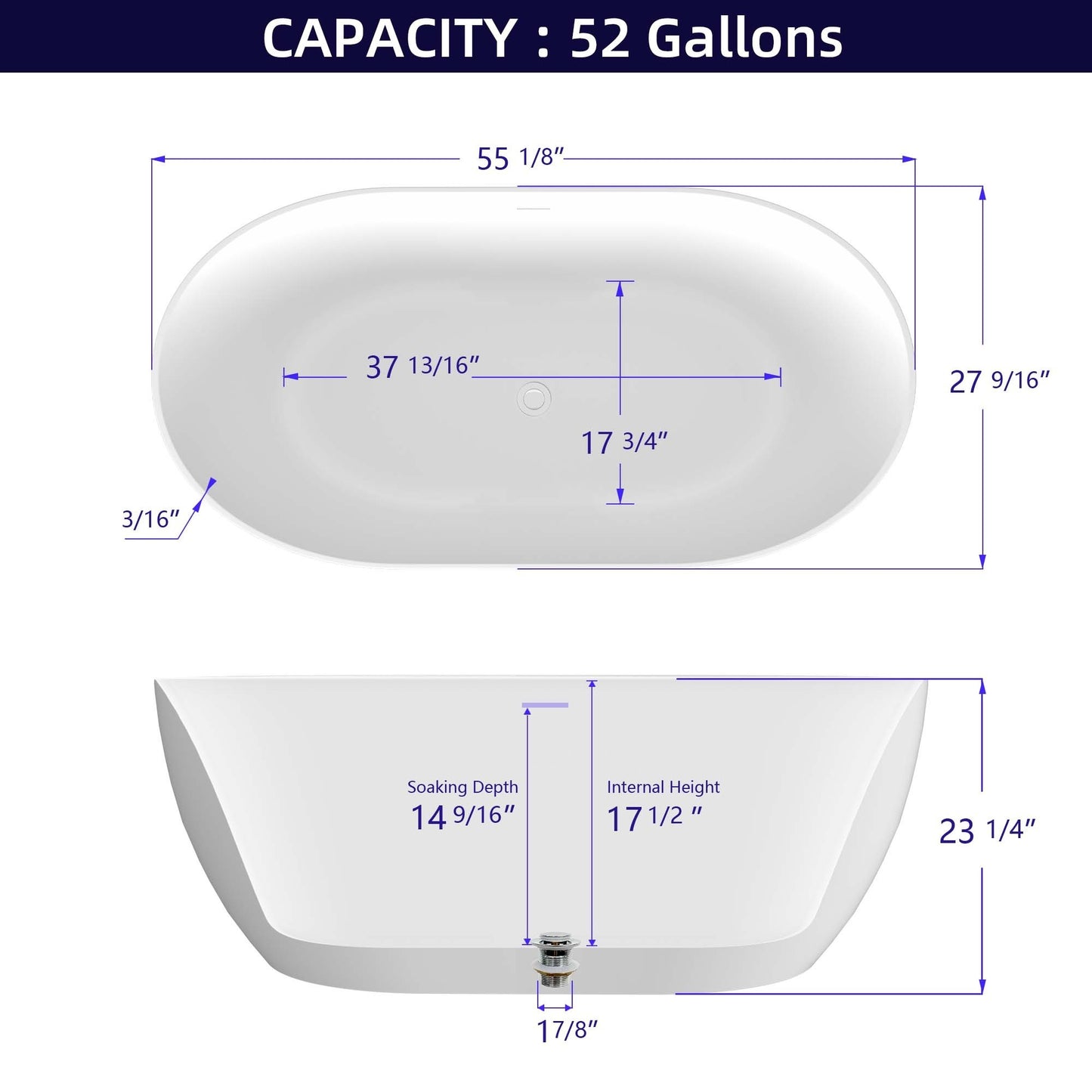 55" Acrylic Free Standing Tub - Classic Oval Shape Soaking Tub, Adjustable Freestanding Bathtub with Integrated Slotted Overflow and Chrome Pop-up Drain Anti-clogging Gloss White