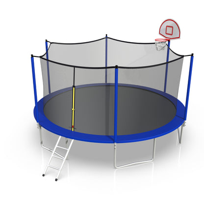 16ft Trampoline with Enclosure, New Upgraded Kids Outdoor Trampoline with Basketball Hoop and Ladder, Heavy-Duty Round Trampoline，Blue