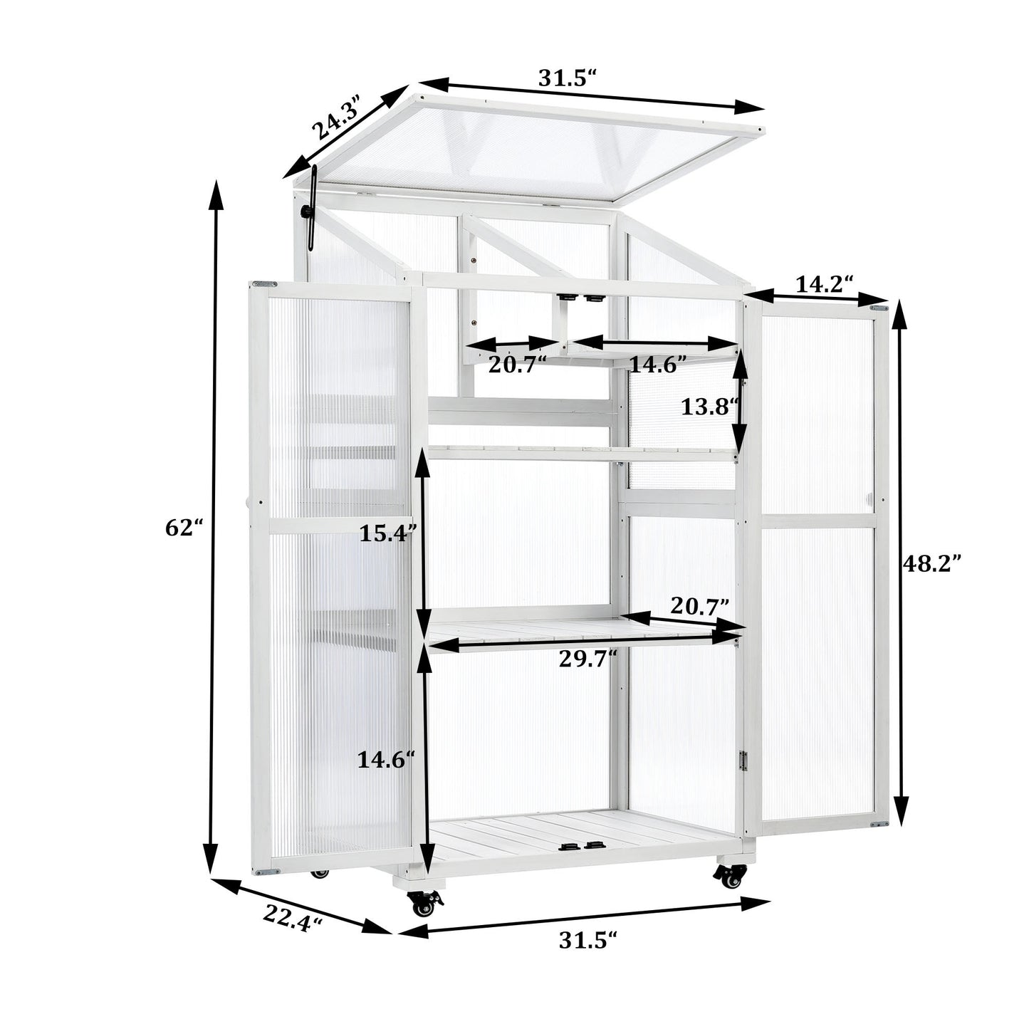 TOPMAX 62inch Height Wood Large Greenhouse Balcony Portable Cold Frame with Wheels and Adjustable Shelves for Outdoor Indoor Use, White