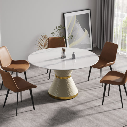 53.15"Modern artificial stone round white carbon steel base dining table-can accommodate 6 people