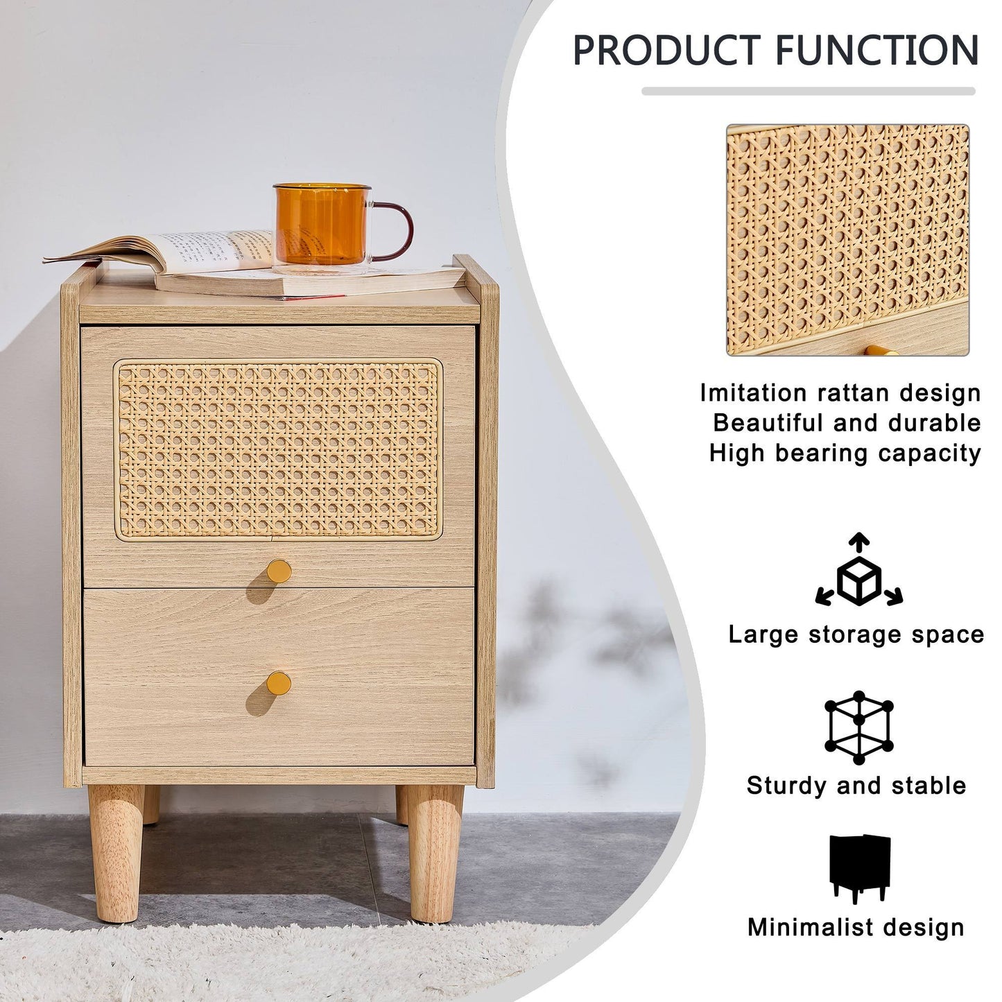 Modern simple storage cabinet MDF Board bedside cabinet Japanese rattan bedside cabinet Small household furniture bedside table.Applicable to dressing table in bedroom, porch, living room.2 Drawers