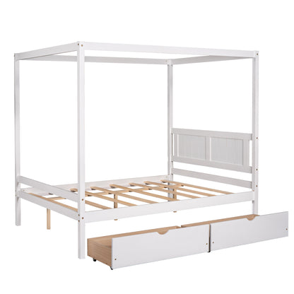 Full Size Canopy Platform Bed with Two Drawers,With Slat Support Leg,White