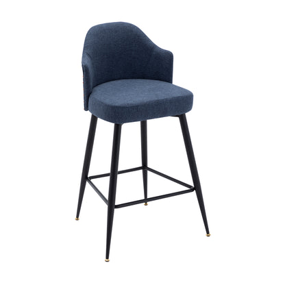 Set of 2 Counter Bar Stools, Fabric Upholstered Bar Stool with Nailhead Trim Back, Metal Legs in Matte Black, 25.59" H Seat Height