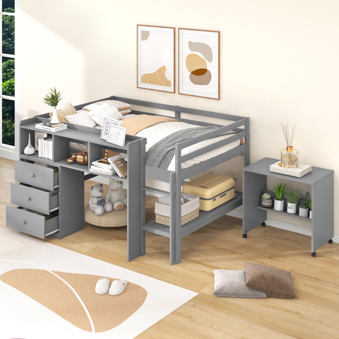 Full Size Low Loft Bed with Rolling Portable Desk, Drawers and Shelves,  Gray