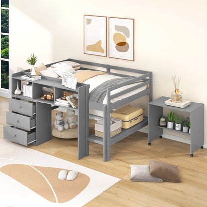 Full Size Low Loft Bed with Rolling Portable Desk, Drawers and Shelves,  Gray