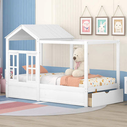 Twin Size House Bed with Roof, Window and Drawer - White