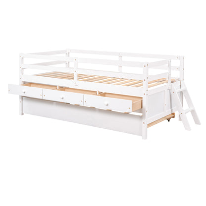 Low Loft Bed Twin Size with Full Safety Fence, Climbing ladder, Storage Drawers and Trundle White Solid Wood Bed